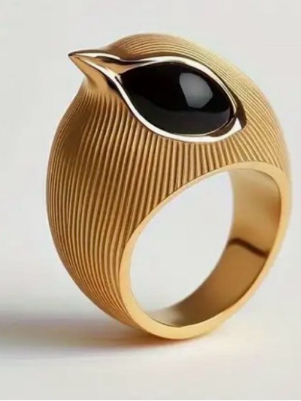 Gold Ribbed Dome Ring with Black Teardrop Accent